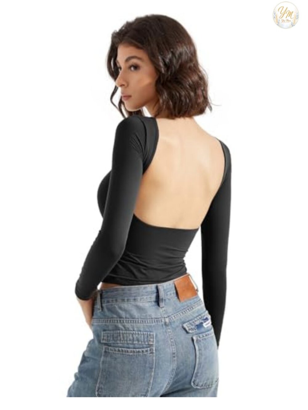 Double Lined Backless Going Out Top Long Sleeve Boat Neck Fitted Tee - Picture 2 of 6